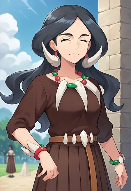score_9, score_8_up, score_7_up, source_anime, masterpiece, 1girl, ctiandrasna, brown dress, belt, pleated skirt, necklace, skirt, earrings, bracelet, closed eyes, outdoors, looking at viewer, <lora:Drasna_Pokemon_pony_ct_v2:0.8>