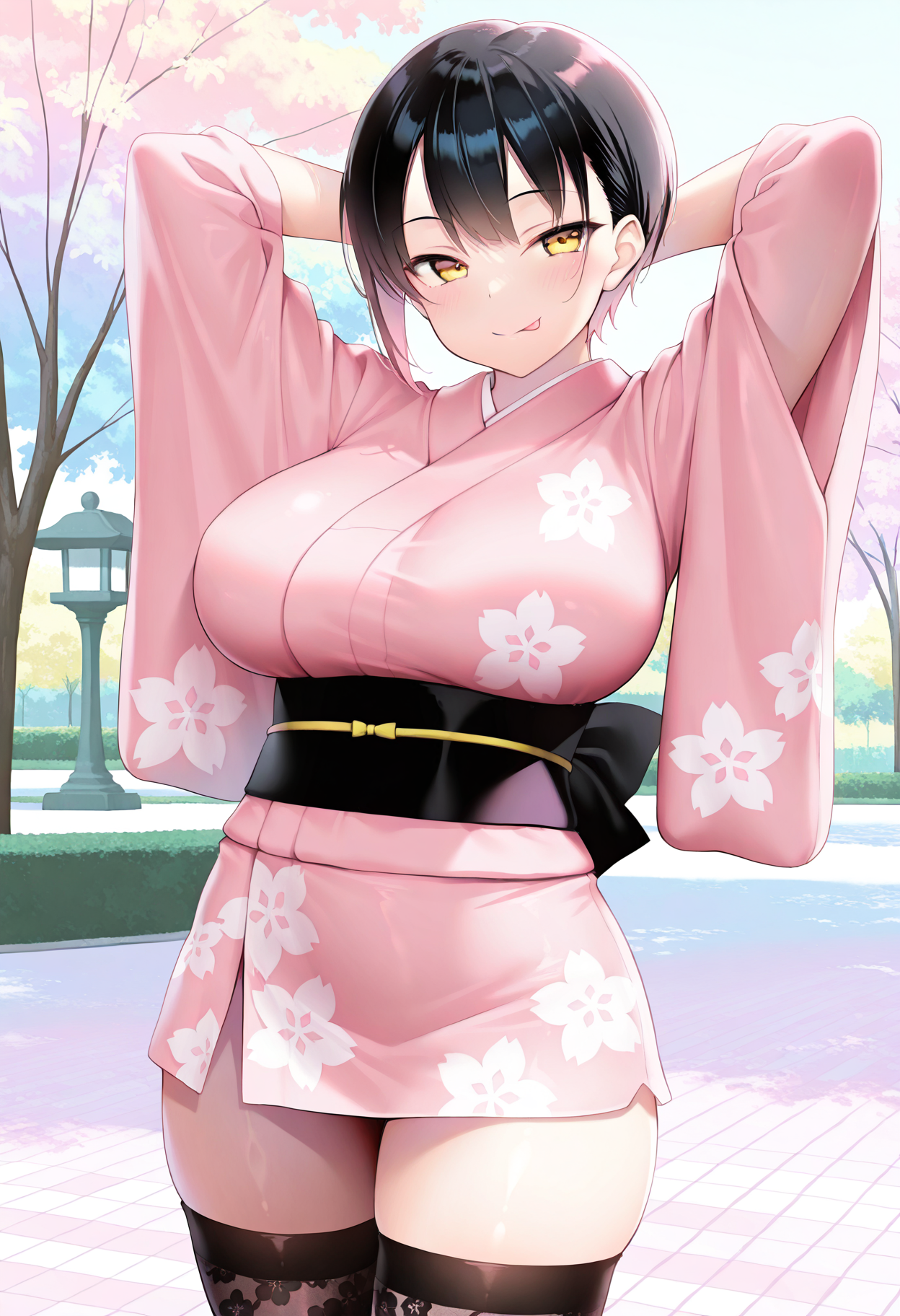 1girl, black short hair, bright yellow eyes, asian, big breasts, oval face,
smile, seductive, :P, tongue out,
pink kimono, japanese clothes, floral print, stockings,
arms up, arms behind head, cowboy shot, looking at viewer,
outside, park,
masterpiece,best quality,amazing quality,
<lora:kitajima_yuukiIL-_style:1>, pastel colors,