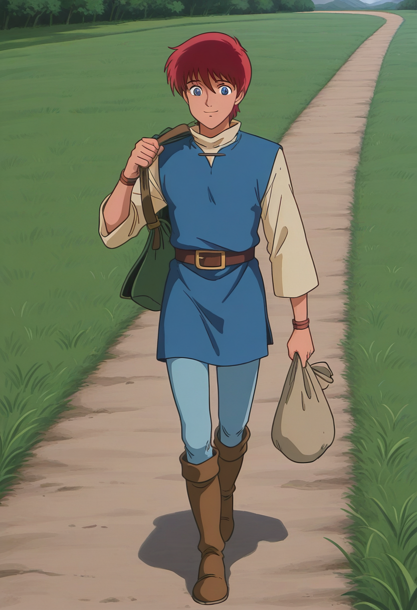 1boy, solo, adolysiova, red hair, short hair, blue eyes, shirt, long sleeves, high collar, tunic, belt, pants, wristbands, boots, outdoors, grass, path, holding bag over shoulder, smile, walking, full body,