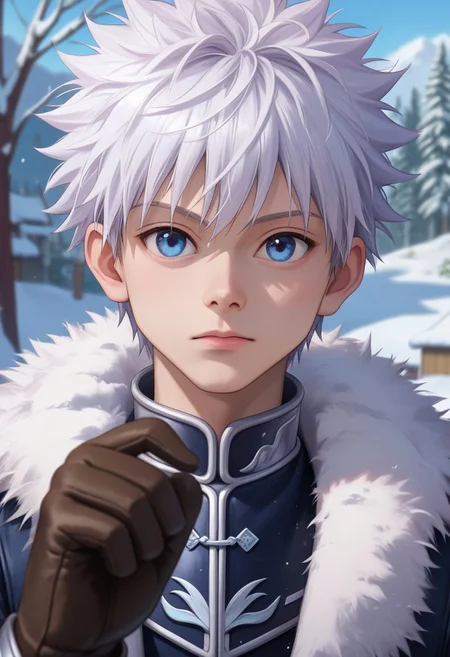 score_9, score_8_up, score_7_up, close-up, depth of field, highly detailed, killuazoldick, 1boy, solo, male focus, blue eyes, white hair, western armor, winter coat, fur-lined coat, black leather armor, pelt, dark clothes, breath, intricate detail, fantasy, ancient village, forest, snow, winter, outdoors, cowboy shot, Japan, gloves, pretty, cute, skinny, slim, intricate details, hyperdetailed, photorealistic, skin pores, perfect face, volumetric light, dynamic pose,