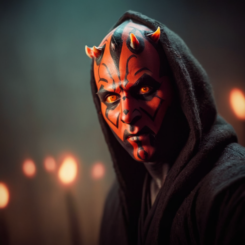 cinematic film still of  <lora:Darth Maul:1.2>
Darth Maul a painting of a man with a hood on in star wars universe, shallow depth of field, vignette, highly detailed, high budget, bokeh, cinemascope, moody, epic, gorgeous, film grain, grainy