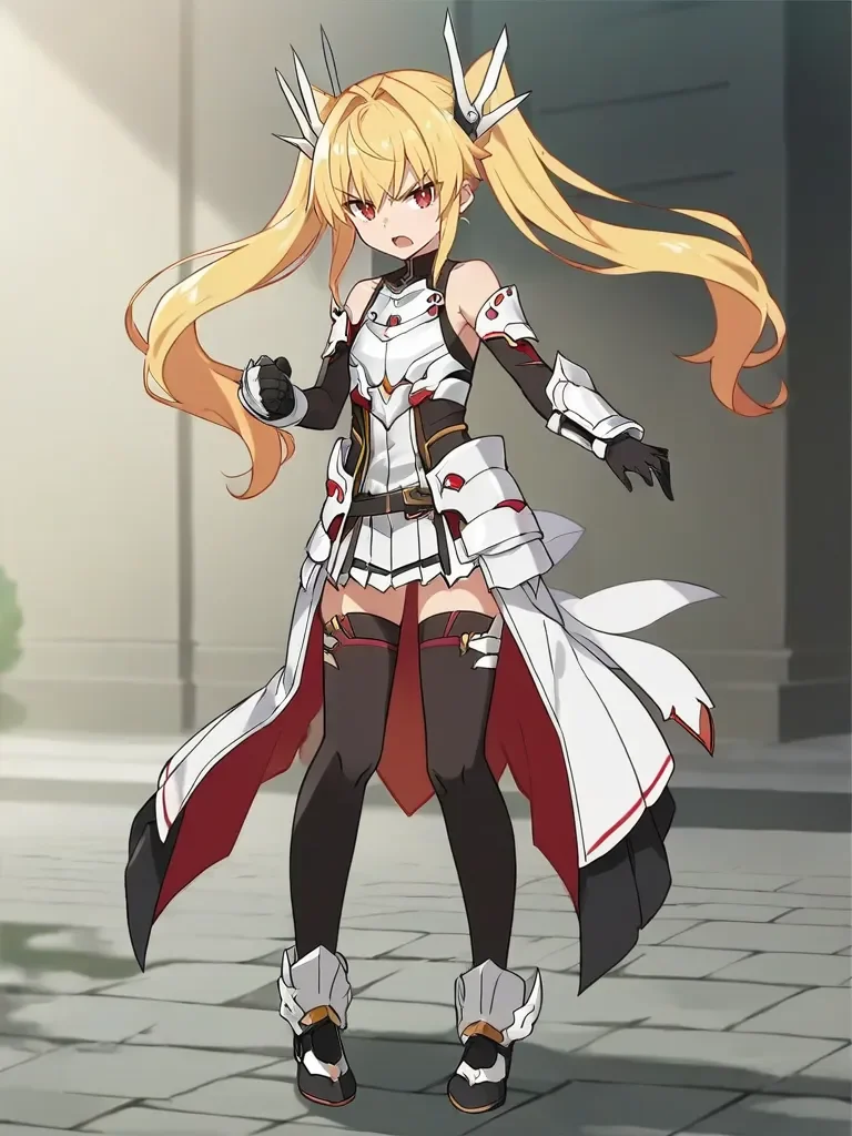 <lora:viopriserenapony:1>,
score_9, score_8_up, score_7_up, source_anime, 2d, anime_screencap, 1girl, solo, serenavp, blonde hair, long hair, twintails, red eyes, hair ornament, armor, bare shoulders, gloves, waist cape, black thighhighs, black footwear, standing, serious, outdoors, open mouth, dynamic pose