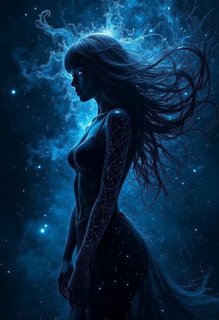The scene is set against a profound and mysterious backdrop of deep blue-black tones, as if an endless expanse of cosmic space. In this almost pure color, there are subtle interweavings of geometric shapes and flowing lines. These lines and shapes constitute the core of abstract art, representing the complexity and diversity within the inner world of the idol girl.
At the center of the image is a figure of an idol girl, her silhouette decomposed into several layers, each layer presenting her posture from a unique perspective. Her hair flows like liquid mercury, reflecting the light and colors of the surrounding space, filling the entire canvas with dynamism and vitality.
The girl's arms are wrapped with geometric patterns that constantly change form in response to changes in the background, symbolizing the infinite possibilities of her emotions and thoughts in different environments. Her eyes — also a focal point of the image — are depicted as deep black but contain sparks of light, like stars emerging from the depths of the sea.
Around the girl, there are circles of soft lines that intertwine and form a rhythm akin to music. These lines represent not only the idol girl's pursuit of beauty but also symbolize her unique artistic style and personality.
8k,uhd,hdr,best quality,hyper detail,ray tracing,cinematic feel,professional photography lighting.
midjourneyv6.1.