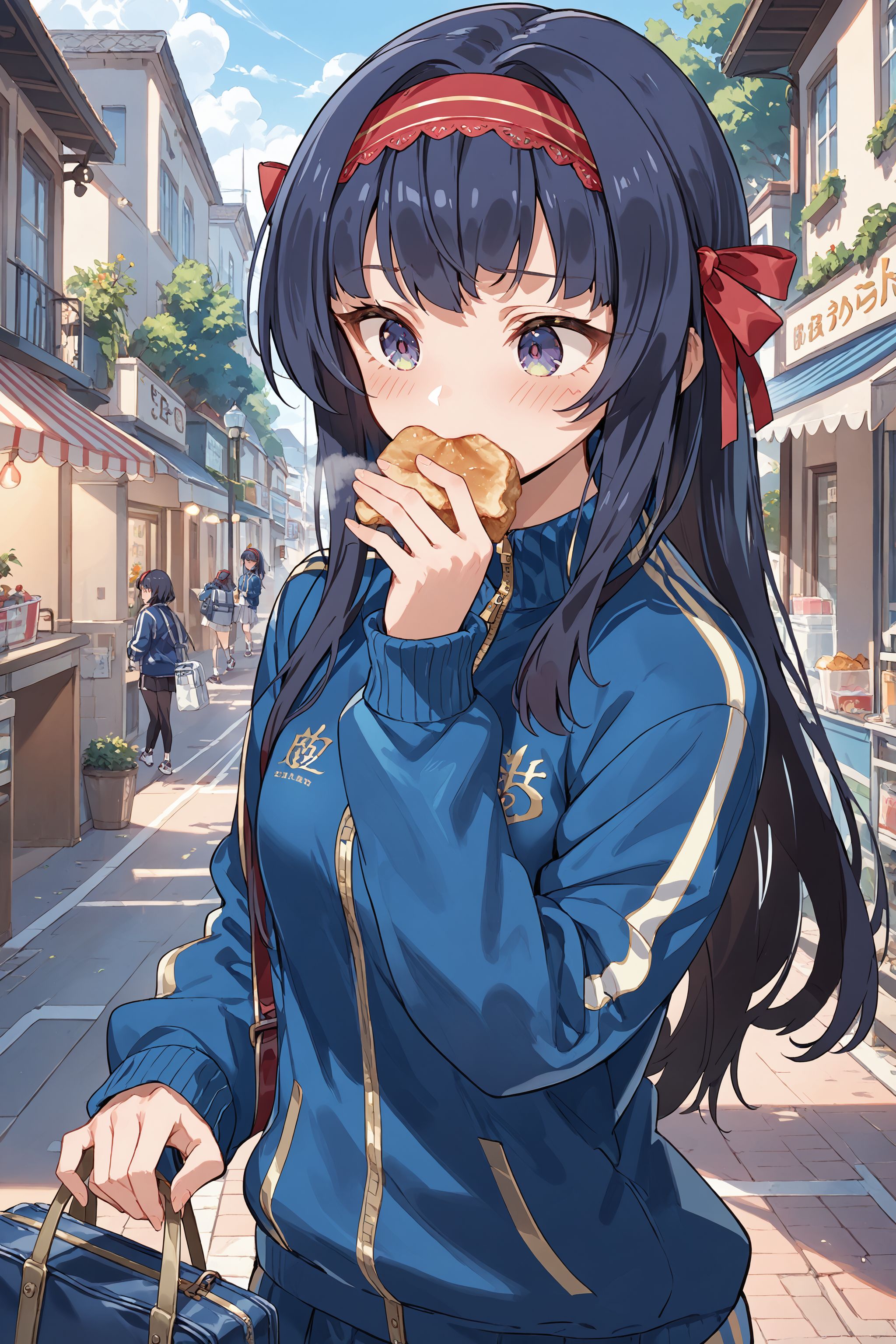 score_max, (score_9, score_8_up, score_7_up:1.2), score_6_up, official art,
masterpiece, absurdres, high detail, 8k,
town, street, shop counter,upper body,
walking, holding croquette, eating, covered mouth, shy, blush, steam,
curren, long hair, red hairband, hair ribbon, track jacket, blue jacket, zipper pull, gym shirt, long sleeves, school bag, 
<lora:XL_Pony_gomaotsu-curren-t1:0.9>