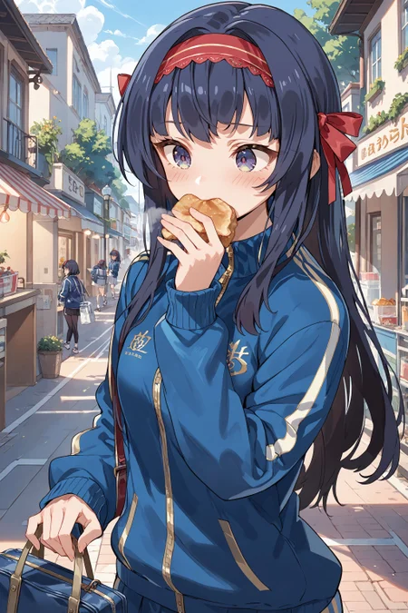 score_max, (score_9, score_8_up, score_7_up:1.2), score_6_up, official art,
masterpiece, absurdres, high detail, 8k,
town, street, shop counter,upper body,
walking, holding croquette, eating, covered mouth, shy, blush, steam,
curren, long hair, red hairband, hair ribbon, track jacket, blue jacket, zipper pull, gym shirt, long sleeves, school bag, 
<lora:XL_Pony_gomaotsu-curren-t1:0.9>