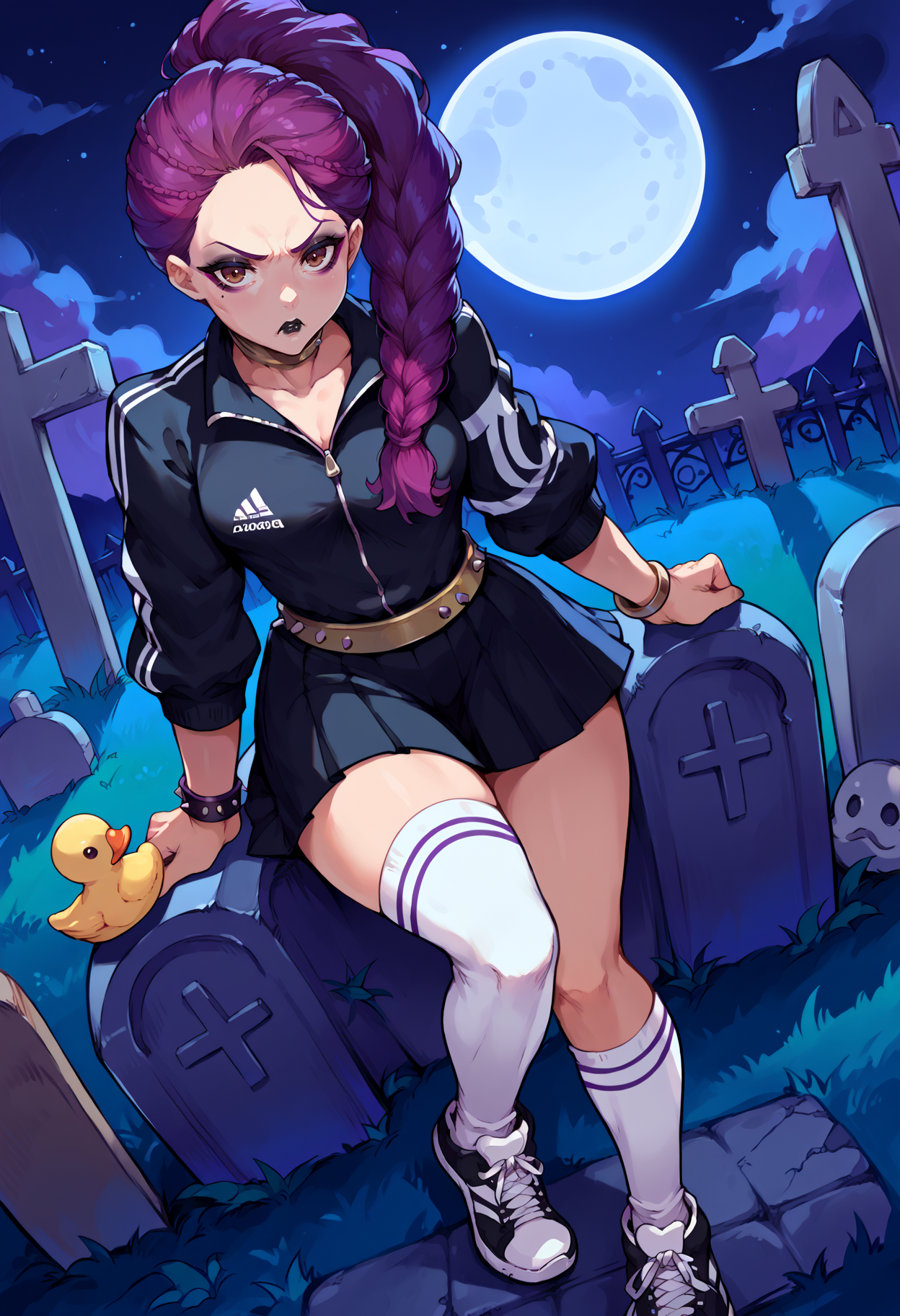score_9, score_8_up,score_7_up, source_anime, 1girl, solo, <lora:EPfePetra:1>, 
EPfePtr, brown eyes, long hair, purple hair, single braid, braided ponytail,
tsundere, :T, flustered, night, tombstone, graveyard, moon, moonlight, spooky, makeup, eyeliner, black lipstick, gothic, sound effects, looking at viewer, kneehighs, white legwear, sneakers, adidas, track suit, black jacket, miniskirt, black skirt, pleated skirt, studded belt, studded bracelet, studded collar, rubber duck, dutch angle