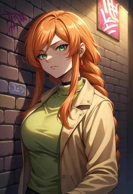 score_9, score_8_up, source_anime, 1girl, solo, FlammeFrieren, orange hair, green eyes, long hair, braided ponytail, earrings, sharp eyes, choker, neon shirt, open jacket, turtleneck sweater, night, against wall, brick wall, graffiti, dim lighting, alley, looking at viewer, <lora:ChamFlammePonyXL:1>