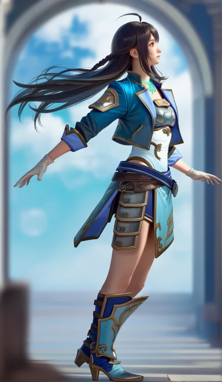 score_9,score_8_up,score_7_up,
<lora:xinxianying:0.9>,xinxianying,
highres,photorealism,bloom,
1girl,solo,long black hair,bangs,ahoge,
yellow eyes,
blue short jacket,silver chest armor,metal shoulder guard,white and cyan dudou,blue belt,brown belt,tassets,blue and cyan overskirt,rope choker,white gloves,
armor knee boots,
full body,
blurry background,
indoors,
blue sky,cloud,in air,
light particlest,Lens Flare,