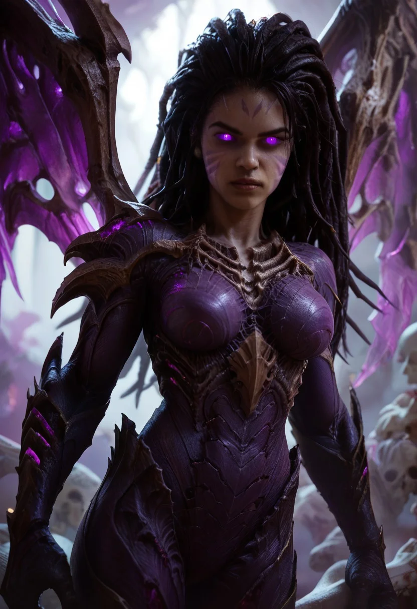 score_9, score_8_up, score_7_up, Kerriganxl, female, long hair, dreadlocks, toned, black hair, big breasts, translucent eyes, bone wings, armor, bodysuit, kaisa armor, purple eyes, facial marks,