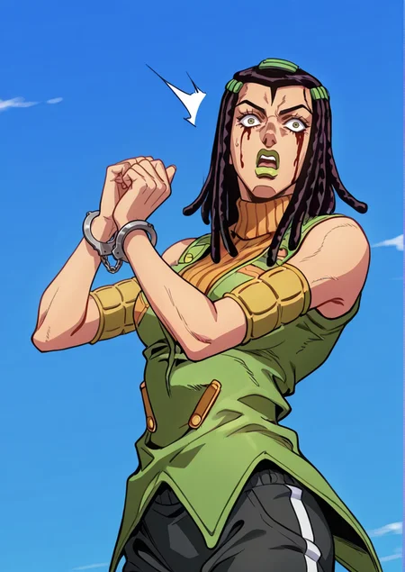 (jojo:0.4), 3rme5, 1girl, ermes costello, solo, dreadlocks, green lipstick, shocked expression, sleeveless, orange turtleneck sweater, green jacket, black sports trackpants, upper body, \(jojo\), <lora:Jojos_Bizarre_Adventure_Ermes_Costello_-_IL:0.7> blue sky background, wearing handcuffs, bloodied face and arms