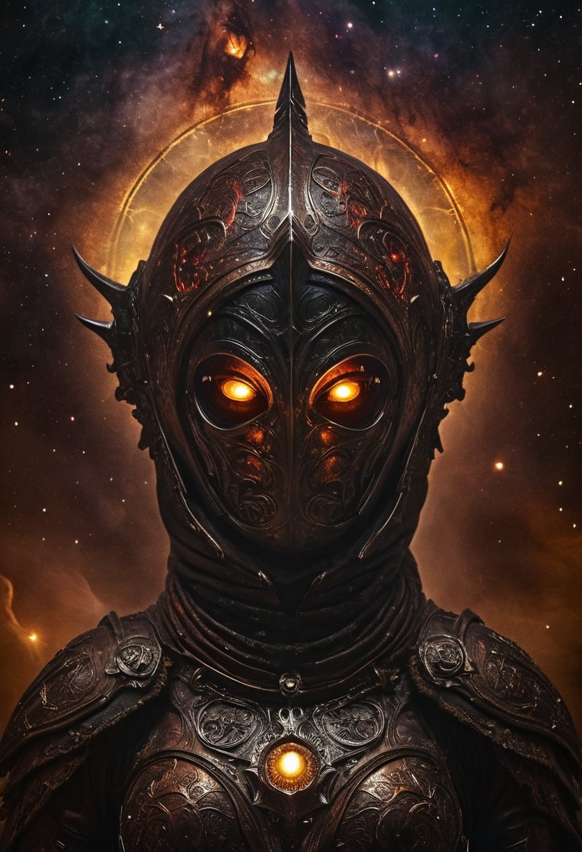 Extreme Closeup, A intricate designed Iron helmet of an buxom medieval Fantasy knightess inspired By HR Giger, Closeup of two beautiful eyes with Galaxy Iris, amber, dark-red and white color graded, deep Blacks, very detailed, atmospheric haze, Film grain, cinematic film still, shallow depth of field, highly detailed, high budget, cinemascope, moody, epic