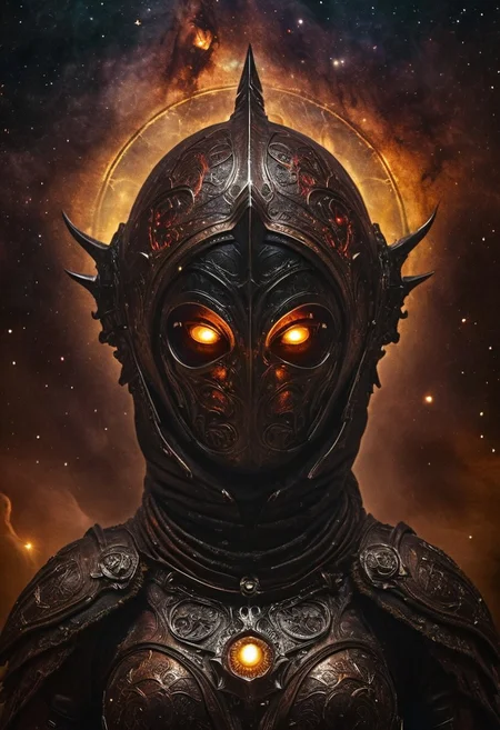 Extreme Closeup, A intricate designed Iron helmet of an buxom medieval Fantasy knightess inspired By HR Giger, Closeup of two beautiful eyes with Galaxy Iris, amber, dark-red and white color graded, deep Blacks, very detailed, atmospheric haze, Film grain, cinematic film still, shallow depth of field, highly detailed, high budget, cinemascope, moody, epic