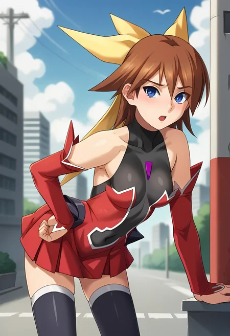 score_9, score_8_up, score_7_up, masterpiece, source_anime, 1girl, ct rin, medium hair, brown hair, blue eyes, hair ribbon, ribbon, leotard, covered navel, red miniskirt, red skirt, black thighhighs, detached sleeves, outdoors, city, depth of field, looking at viewer, leaning forward, cowboy shot, <lora:Rin_Kagano_Pony_ct-000011:0.9>