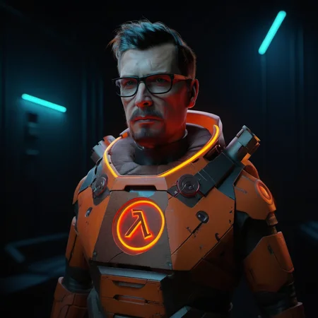 Neon noir a man with glasses in a orange and black space suit, holds a red (((crowbar))), dystopian background <lora:GordonFreeman1024:0.8> . Cyberpunk, dark, rainy streets, neon signs, high contrast, low light, vibrant, highly detailed