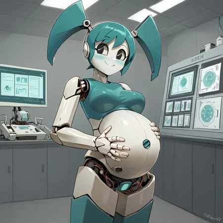 Pregnant woman, xj9, robot girl, robot joints, android, joints, twintails, aqua hair ,black eyes, colored skin, white skin, smiling, looking at viewer, holding belly, happy expression, inside a laboratory, mature female