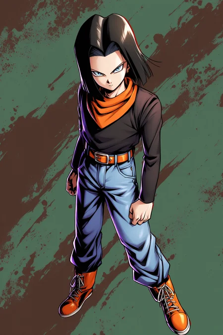 android 17,solo,black hair,blue eyes,pants,1boy,male focus,belt,full body,bandana,shirt,denim,<lora:Dragon Ball_XL:0.8>,