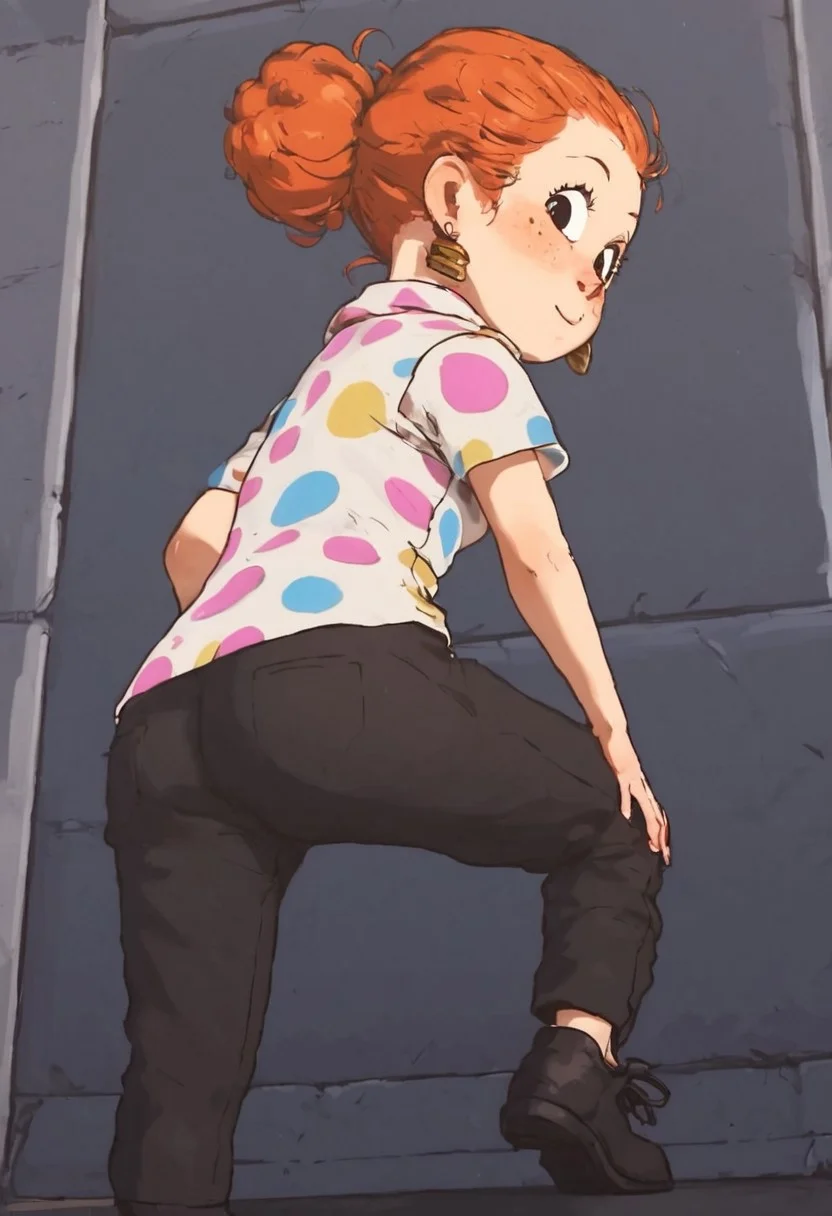 penny_bgtpb_casual, 1girl, chibi, curly orange hair (redhead, hair bun), big eyes, black eyes, freckles, earrings, white polo shirt (multicolored polka dots, name tag), black pants, black shoes, score_9_up, score_8_up, score_7_up, BREAK, 1girl, solo, from behind, looking back, from below, low-angle shot, butt focus, head tilt, looking at viewer, ultra detailed, detailed background, trailer park, masterpiece, best quality, 8k, Expressiveh,