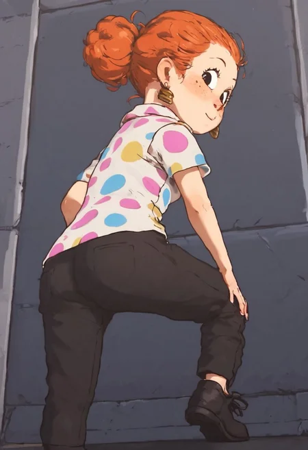 penny_bgtpb_casual, 1girl, chibi, curly orange hair (redhead, hair bun), big eyes, black eyes, freckles, earrings, white polo shirt (multicolored polka dots, name tag), black pants, black shoes, score_9_up, score_8_up, score_7_up, BREAK, 1girl, solo, from behind, looking back, from below, low-angle shot, butt focus, head tilt, looking at viewer, ultra detailed, detailed background, trailer park, masterpiece, best quality, 8k, Expressiveh,