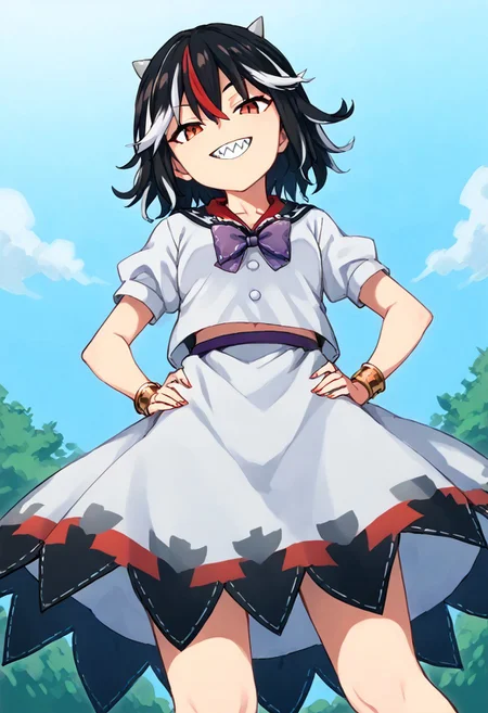 score_9, score_8_up, score_7_up, source_anime, 145, perfect face, (illustration), intricately detailed illustration, Exquisite color design, (best quality, ultra detailed), smooth skin, high details, (1girls), beauty, kijin_seija, short hair, multicolored hair, (black hair), streaked hair, red hair, white hair, hair flaps, hair between eyes, red eyes, horns, small horns, grey horns, cone horns, white horns, white collared shirt, white buttons, sailor collar, bracelet, purple bowtie, bowtie upside-down, puffy short sleeves, white dress, white skirt, layered skirt, underskirt, purple belt, purple bow, bow upside-down, arrow print, arrow \(symbol\), facing viewer, narrowed eyes, looking at viewer, grin, sharp teeth, front view, low angle, day, hands on hips,