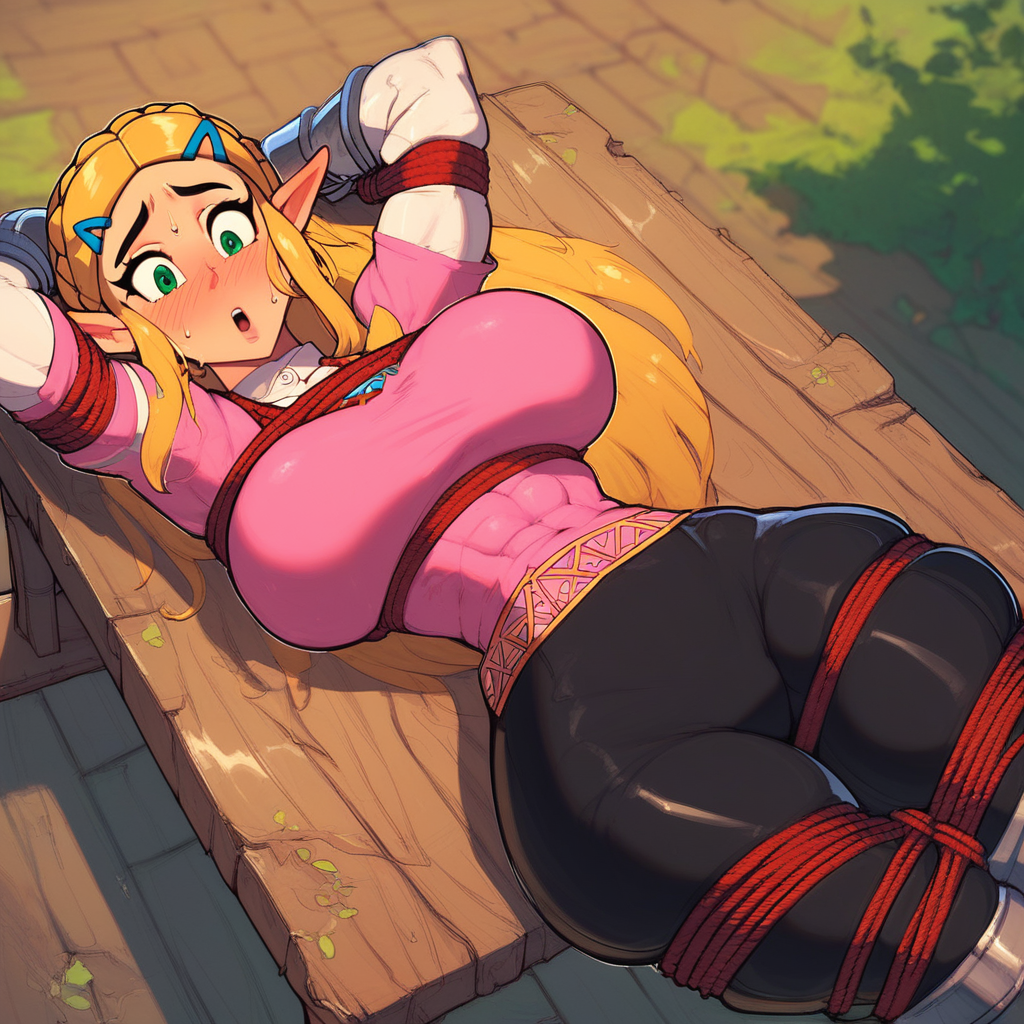 score_9, score_8_up, score_7_up, 1girl, (Princess Zelda), BREAK, 1woman, bd5mt4bl3, (Princess Zelda), 1girl, impossible_clothes, skintight, bound, bdsm, restrained, bondage, lying, on_table, on_back, ropes, mature female, focus from above, looking at viewer, blushing, sweat, breasts, proud, moaning, solo, seductive, (cute), looking at the viewer, thin, fit body, bubble butt, green eyes, long hair, blonde hair, eyelashes, black eyeliner, small waist, wide hips, big ass), huge breasts, wide eyes, sweating, open,  Outdoors, blue sky, sunny, wilderness