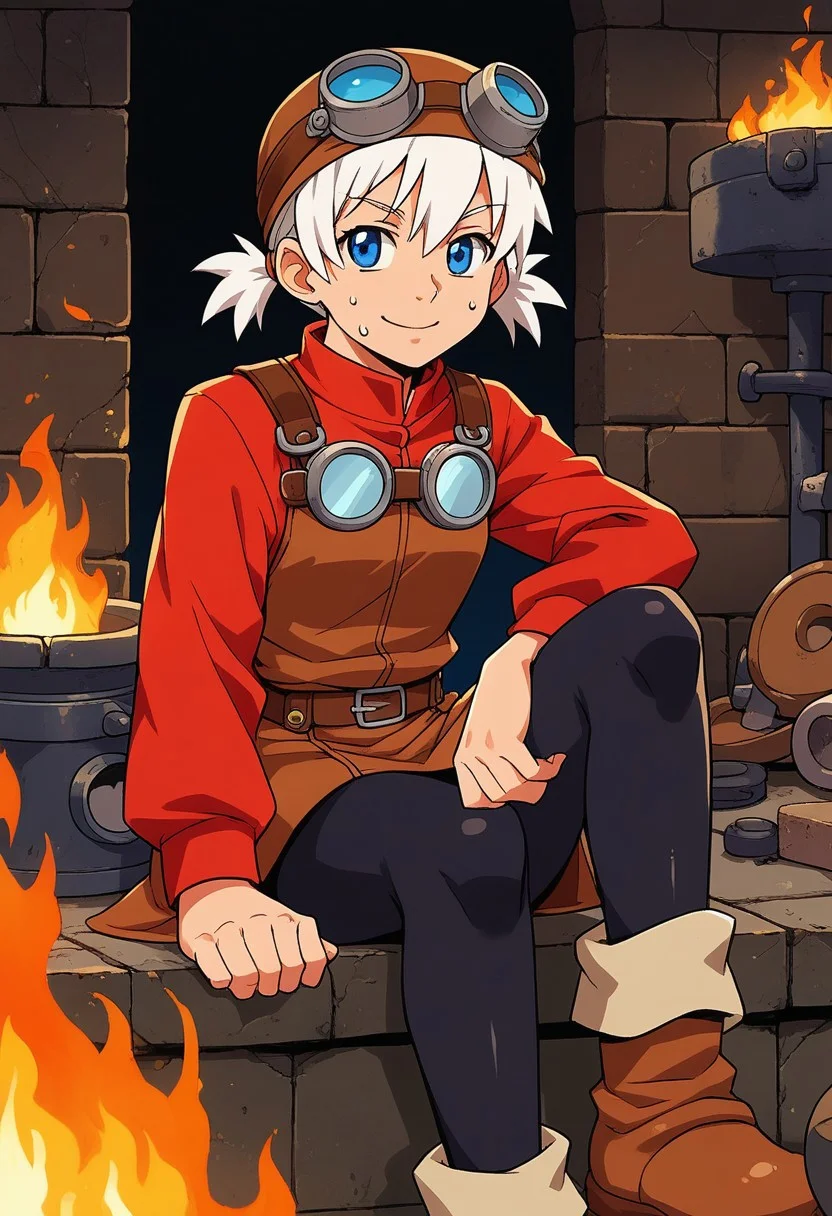 score_9, score_7_up, source_anime, BREAK solo, <lora:Pratty_XL:1> Pratty, blue eyes, short hair, white hair, short twintails, hair through headwear, goggles, brown headwear, red shirt, short over long sleeves, black long sleeves, red skirt, black pantyhose, leather breastplate, brown footwear, smile, sweat, smith, furnace, smithing, crafting, sitting, fire,