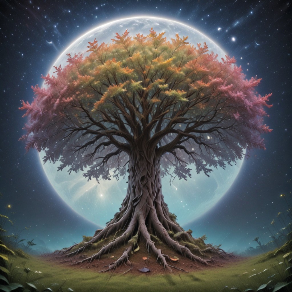 white huge tree grows from the black hole in the center of galaxy, fluorescent leaves, white glowing bark, alien colorful planets grow on branches of the tree, life energy flows through the roots of the tree, space, cosmic scenery, clouds of cosmic dust around, black background, hyperrealistic, photorealistic, atmospheric scene, depth of field, 8k quality, extreme detailed, colorful, award-winning masterpiece, abstract beauty