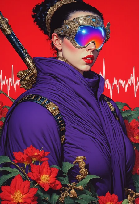 ArsMJStyle, upper torso hyper-detailed portrait of Elysium, a stylized woman drawn in Colored Pencil Hyperdetailed Realism. She wears an oversized violet strapped coverall with a high, structured turtleneck, its thick fabric folding elegantly while the wide straps cross over her shoulders and fasten with metallic buckles. The coverall drapes loosely, creating a futuristic yet effortless silhouette. A bold golden chain necklace rests over the high neck, its polished links catching the light. Her face is striking, with crimson red lips slightly parted, revealing a hint of teeth as her tongue playfully sticks out. Her eyes are hidden behind ultra-modern visor eyewear—an iridescent-tinted, wraparound shield with a sleek, frameless design that reflects shifting neon hues, seamlessly blending deep blues, purples, and magentas. A katana is securely strapped across her back, its handle featuring an elaborate fusion of metallic engravings and inlaid gemstones. The background is a deep, saturated red, layered with a glowing pulse wave in vibrant rainbow colors, radiating a rhythmic, electric energy. At the bottom of the frame, exotic Heliconia rostrata flowers from the Amazon cascade into view, their hanging lobster-claw petals bursting with fiery reds, oranges, and yellows, adding a lush, surreal contrast to the futuristic aesthetic.