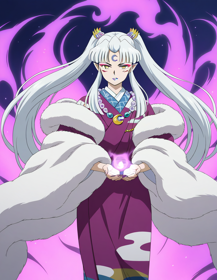 general,highres, ultra-detailed,very aesthetic,best quality ,best hands,  BREAK  <lora:Sesshomaru_no_Haha_IS:1>
Sesshomaru_no_Haha,pointy ears, japanese clothes, 1girl,solo, facial mark, kimono, white hair, long hair, 
yellow eyes, makeup, lipstick, forehead mark, crescent, necklace, fur, jewelry, purple lips, ponytail, twintails, fur trim, anime coloring, hair ornament, wide sleeves,
full body, aura, aura effect, cowboy_Shot,