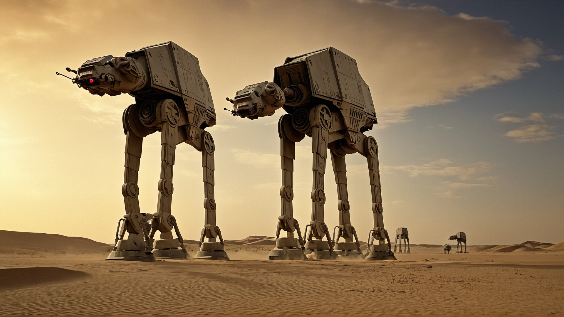 cinematic film still of  <lora:star wars style v2:0.2>
<lora:detailed:0.2> 
<lora:perfection style:0.2>
<lora:Chiaroscuro Lighting Style:0.2>
 <lora:AT-AT Walker:0.8>
AT-AT Walker a group of AT-AT Walker walking across a desert,sky,cloud,no humans,robot,scenery,mecha,science fiction,realistic,spacecraft,non-humanoid robot , star wars style, cinematic scene, sunset, golden hour, shallow depth of field, vignette, highly detailed, high budget, bokeh, cinemascope, moody, epic, gorgeous, film grain, grainy