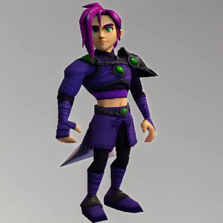 score 9, score 8, score 7, score 6, 1boy, solo, slashblade, shoulder armor, midriff, purple hair, green eyes, wrist wrap, n64zeldastyle, 3d, polygonal, white background, full body