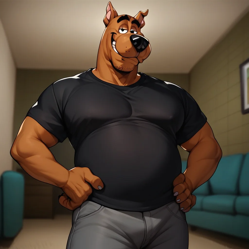score_9_up, score_8_up, score_7_up, high quality, detailed, source_furry, male, solo male, 1boy, broad shoulders, mature male, black eyes, athletic build, animal ears, great dane, stubble, anthro, anthro male, brown body, bottom heavy, grinning, smug, looking at viewer, hands on hip, bust shot, half-body shot, living room, indoors, black shirt, gray pants