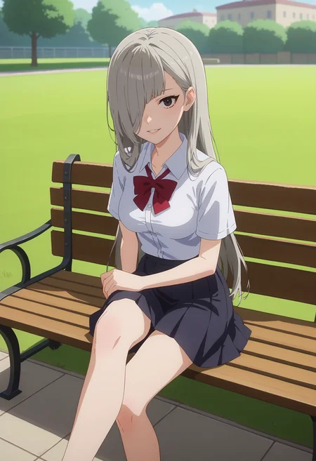 score_9, score_8_up, score_7_up, anime screencap, source_anime, 1girl, solo,
<lora:Horn_Danmachi_V1:.85>, KJOhorn, black eyes, grey hair, long hair, hair over one eye, 
school uniform, black skirt, short sleeves,
Sitting, bench, crossed legs, smile, parted lips, looking at viewer, 
sunny, park, sidewalk, grass, tree, 
(Beautiful, medium Breasts:1.2),