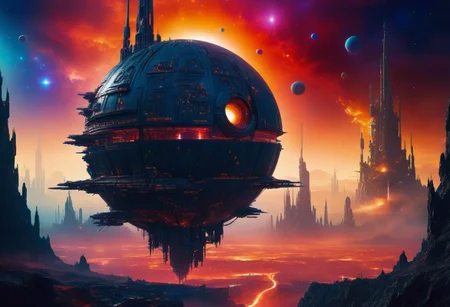 fantasy city in star wars death star style, ral-dissolve, silhouette effulgent light, esoteric and threatening and forceful atmosphere, (iridescent blue and opal and deep red colors), ral-dissolve, high-quality details, well-defined edges, raw details, complete sharpness, blurred background,