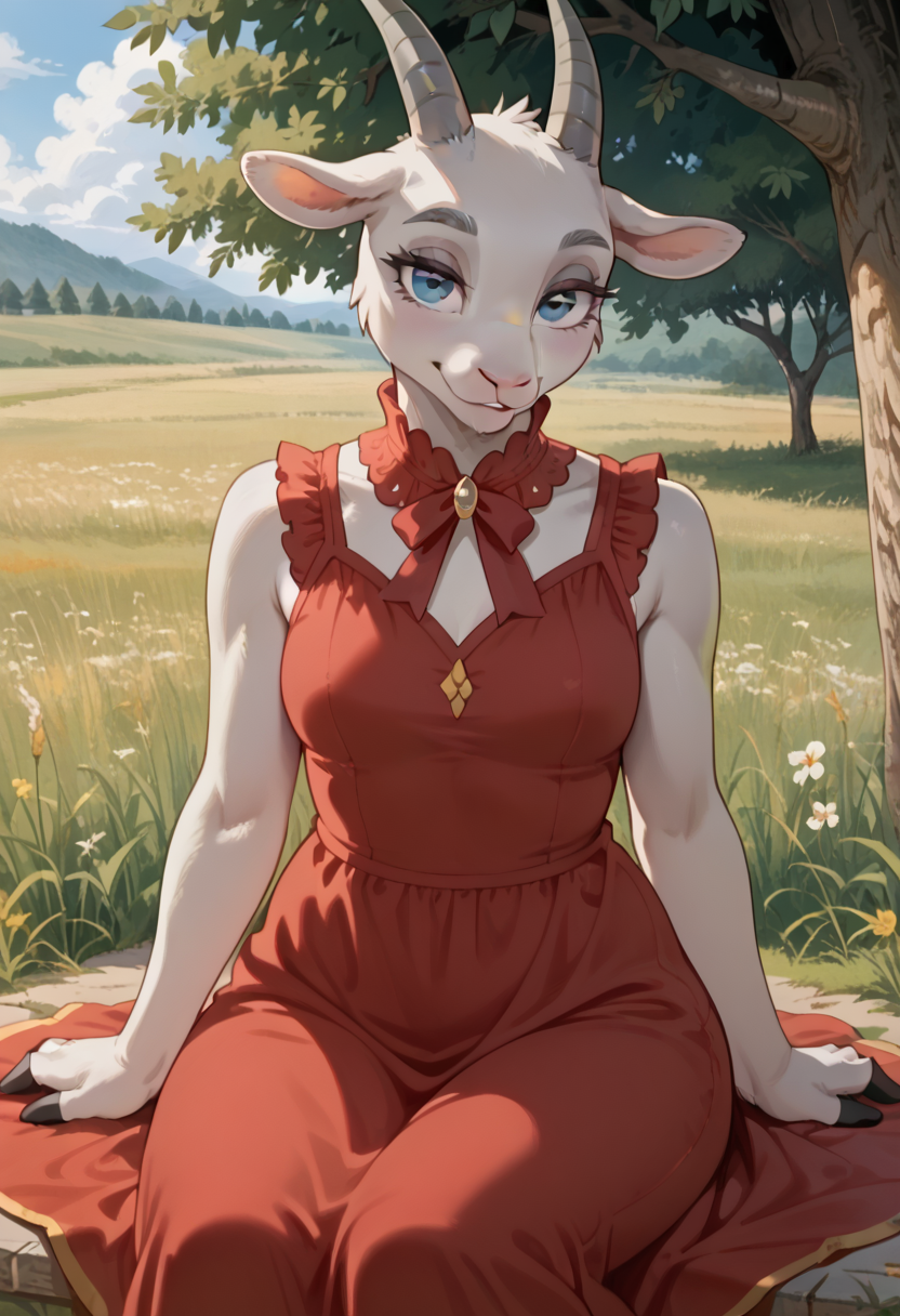 score_9, score_8_up, score_7_up, g04t, 1girl, solo, furry, goat, blue eyes, grey fur, horns, red dress, sleeveless, cowboy shot, meadow, sitting on ground, looking at viewer, seductive smile, bedroom eyes, lifting dress,