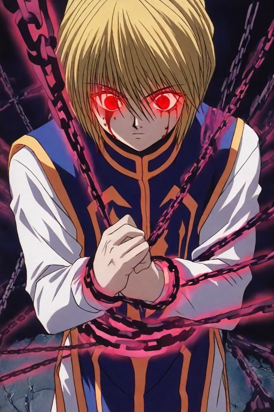 kurapika, blonde hair, red eyes, glowing eyes, wide open eyed, short hair, bangs, hair between eyes, chain, blue tabard with orange motif, expressionless face, white undershirt, long sleeves, white pants, blood on eyes, chain, tied up, upper body, 1boy, solo, alone, <lora:hunter_x_hunter_1999_style_illustriousXL:1>, hxh_1999_style, masterpiece, highres