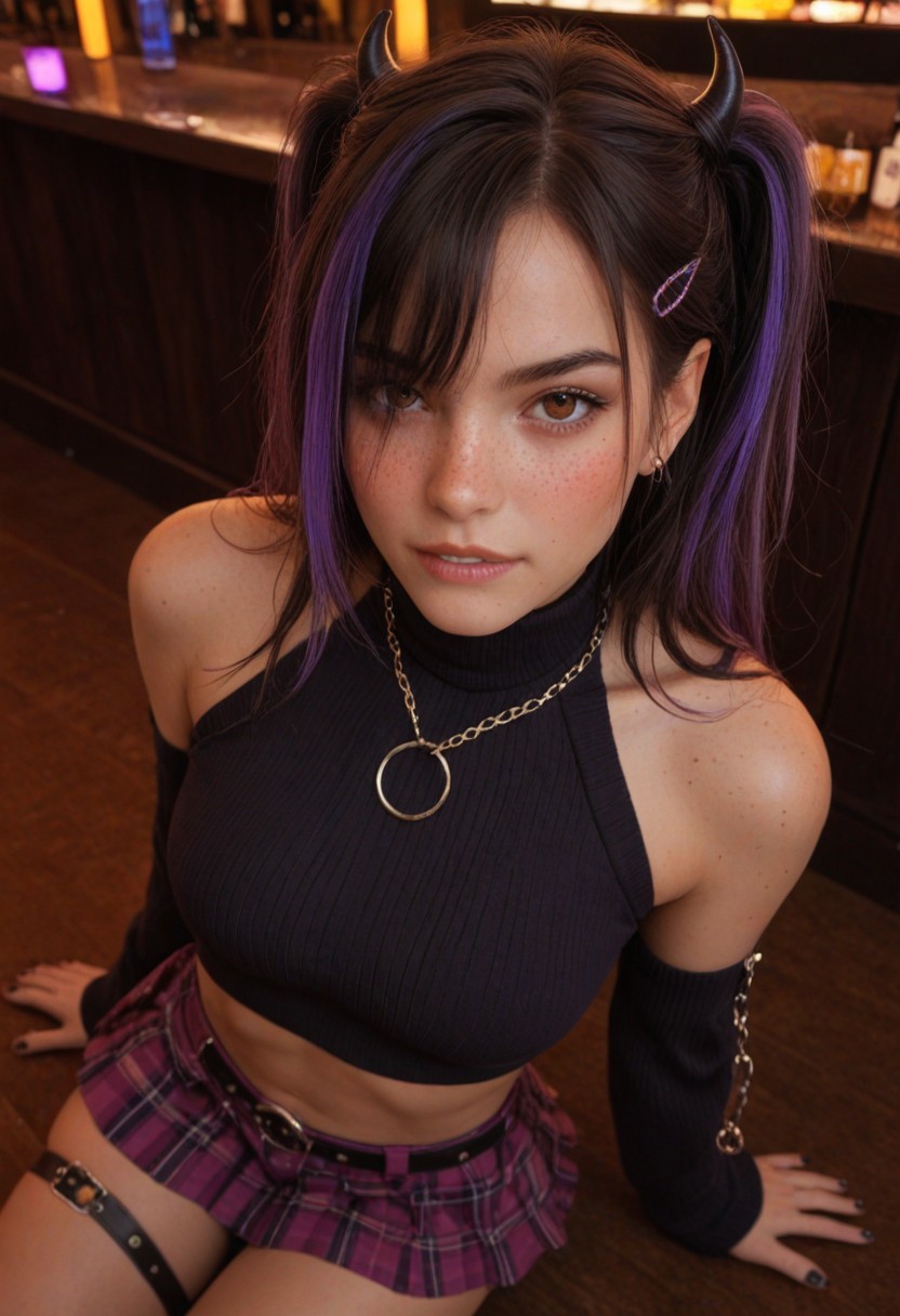 score_9, score_8_up, score_7_up, score_6_up, 
1girl, 25 years old, perfect face, (adult), sexy, make up, 
freckles, demon horns, 
brown eyes, 
ear piercing, long hair, multicolored hair, black hair, purple hair, hairclip, two side up, hair over one eye, 
purple chocker, 
plaid sweater, purple sweater, black sweater, bare shoulders, detached sleeves, navel, midriff, 
black nails, purple skirt, plaid skirt, pleated skirt, belt, belt chain, o-ring thigh strap,
party, nightclub, dark, 
on her kneels, (blushing), (biting lip), (nervous look), drunk, looking up at viewer, from above,