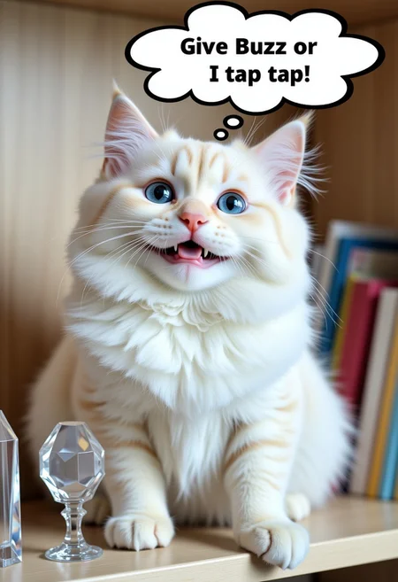 A beautiful white cat sitting on a shelf with crystal figurines, Paw resting against one of the figurines, Looking at viewer, (thought bubble with the words ("Give Buzz or I tap tap")), mischievous, playful, toothy grin, bright blue cat eyes, extreme detail, high res, HD,
