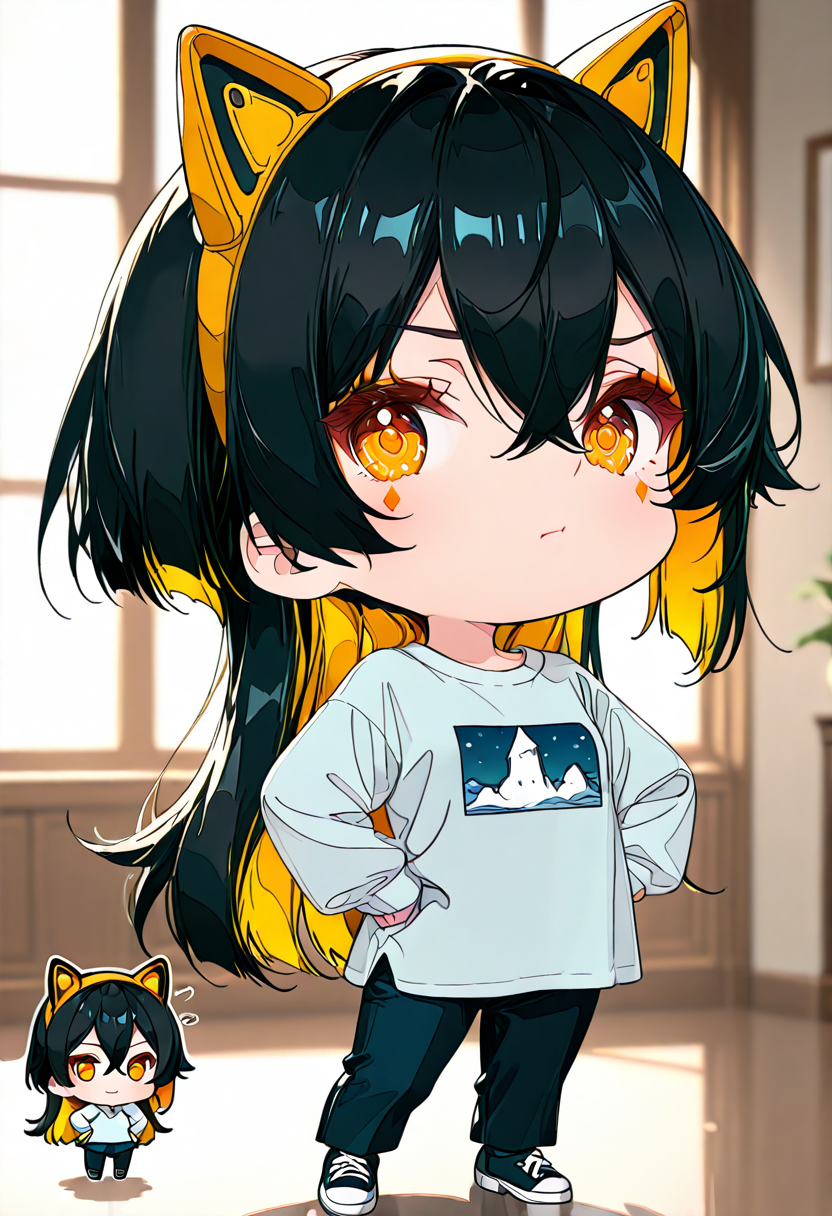 masterpiece, ultra-HD, very aesthetic, 8K, high detail, depth of field, score_9, score_8_up, 
BREAK
1girl, solo, ((slightly short side hair)), (reverse mullet:1.3), hair covering the gap between the eyes, black hair, Amber eyes, Amber inner hair, light Amber color eye makeup, (medium-length back hair), layered straight hair, airy bangs, ((side hair framing the face)), parted bangs, (((chibi:2))), 
BREAK
Fake animal ears, wolf ear headband, displeasure, pouting, ((half body)), look at viewer, Hands on hips, 
BREAK
BREAK
<lora:Black_Wolf-Cut_Girl_with_Orange_Inner_Layers:1>,
