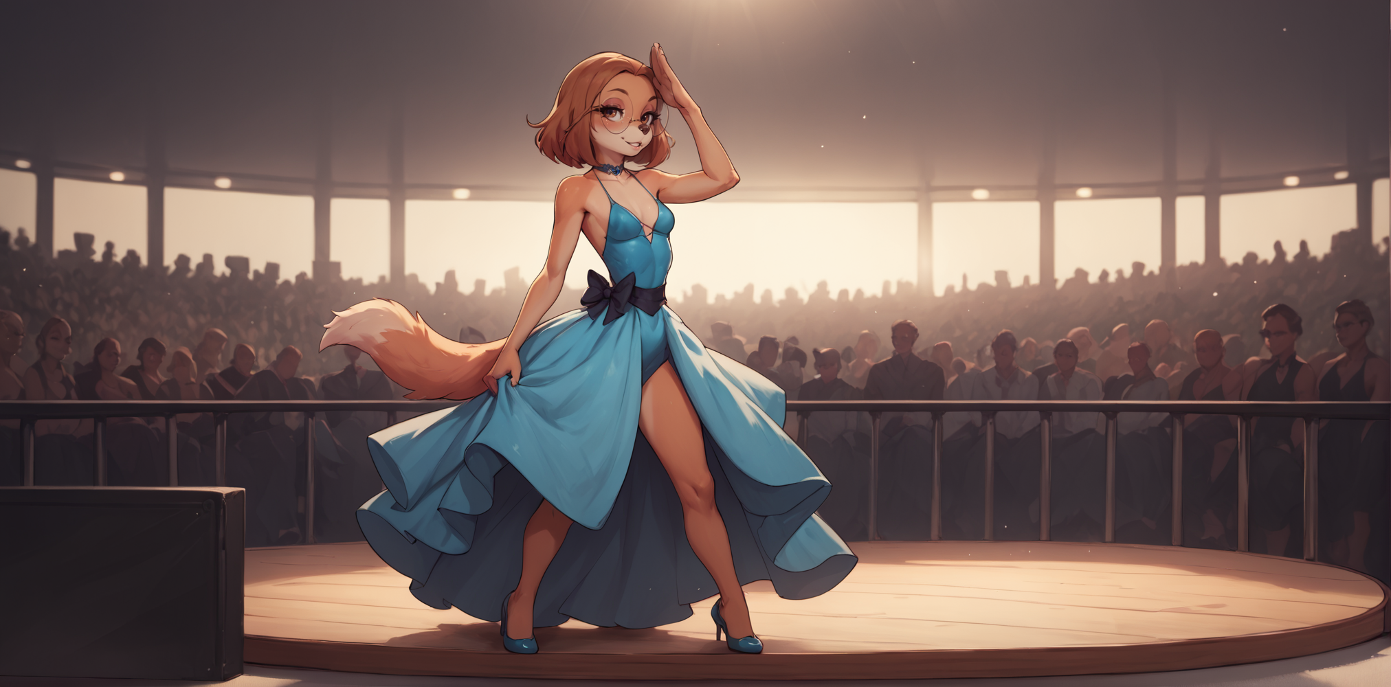 score_9, score_8_up, score_7_up, score_6_up, score_5_up, score_4_up, <lora:SukiLanePXL:1> SukiLanePXL, anthro, brown eyes, round glasses, small breast, evening dress, full body, on stage, salute the crowd,