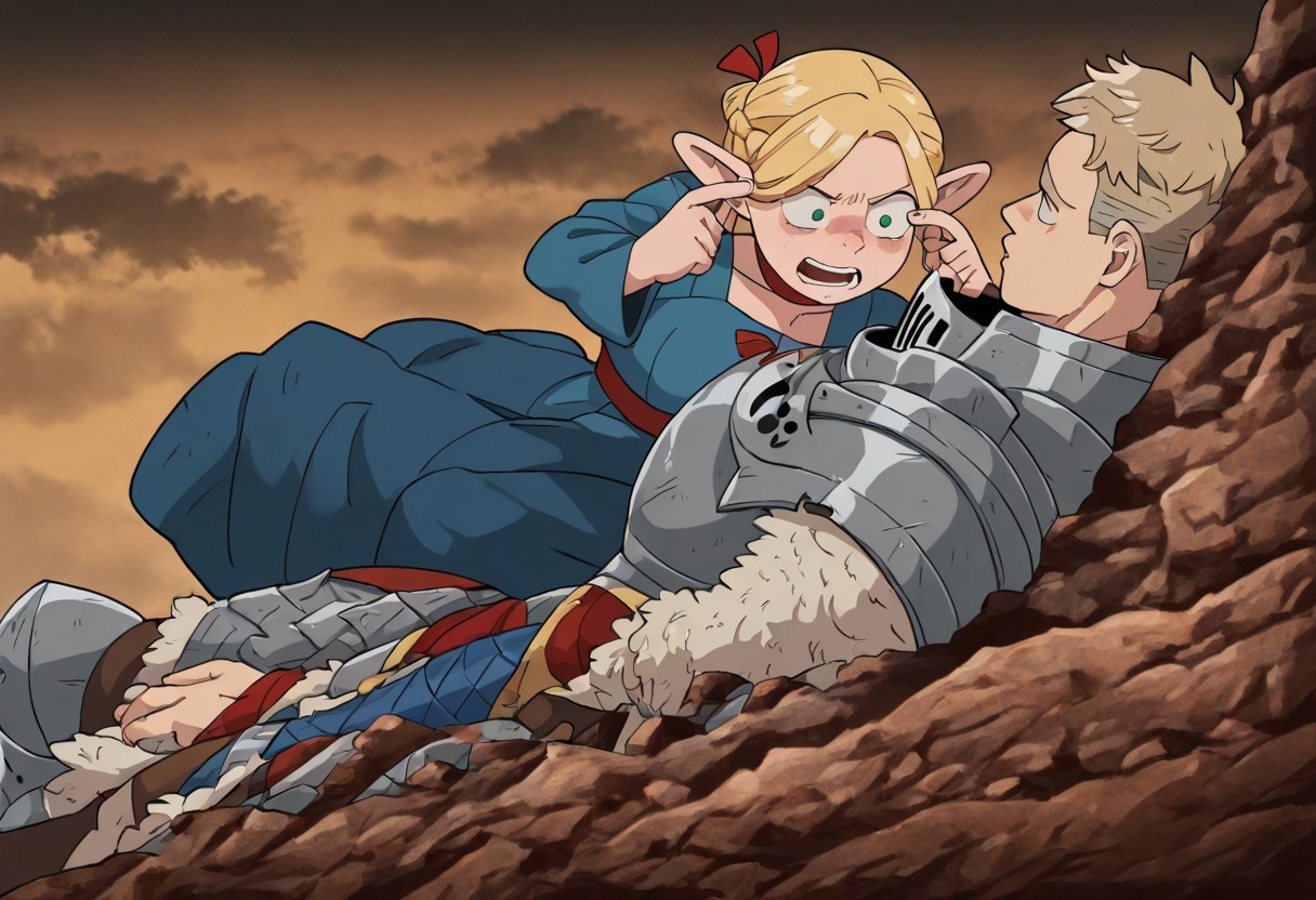 masterpiece, best quality, newest, absurdres, highres,  anime, anime style, TMTMEEV1.1-Fullscene,
BREAK
TMTMEMEV1.1-Role:Mark, lying, lying on rock, rock, 1boy, laios touden \(dungeon meshi\), blonde hair, short hair, armor,
BREAK
TMTMEMEV1.1-Role:Nolan, suqt, squating, pointing at self, 1girl, marcille_donato, \(dungeon meshi\), choker, braid, blue dress, blonde hair, red choker,