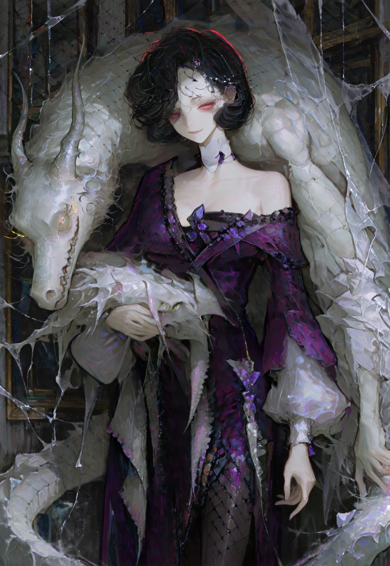masterpiece, best quality, amazing quality, very aesthetic, absurdres, newest, volumetric lighting, female, female focus, dark, horror,, full body,1 girl, solo female,tuesday(MH),black hair,purple dress,cowboy shot,silk,bare shoulders,black pantyhose,short hair,white crocodile,mysterious smile, glowing eyes