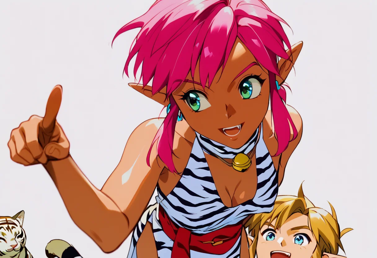 score_9, score_8_up, score_7_up, score_6_up, Masterpiece, source_anime screenshot, duo, 1 girl, 1 boy, vivid colors, full color, shiny and glossy, anime style, high-res, beautiful aesthetic, very intricate, high-quality details, vibrant, highly detailed, award-winning, professional, <lora:pink-ponyxl-v2:1>, 1 girl, single fang showing, sleeveless dress, white tiger print dress, pelvic curtain, cleavage, white cat ears, cat bell necklace, bright pink hair, tanned, white tiger tail, red sash, small breasts, leather shoes, detailed eyes, green eyes, detailed face, break, <lora:link:1> 1boy, link1, link, pointy ears, blonde hair, blue eyes, medium hair, side locks, earrings, short ponytail, blue hylian tunic, break, pink and link turning away from viewer, looking away from viewer, pointing and laughing at something behind them, mocking laughter, blank white background, zoom out, pink and link backs to the viewer