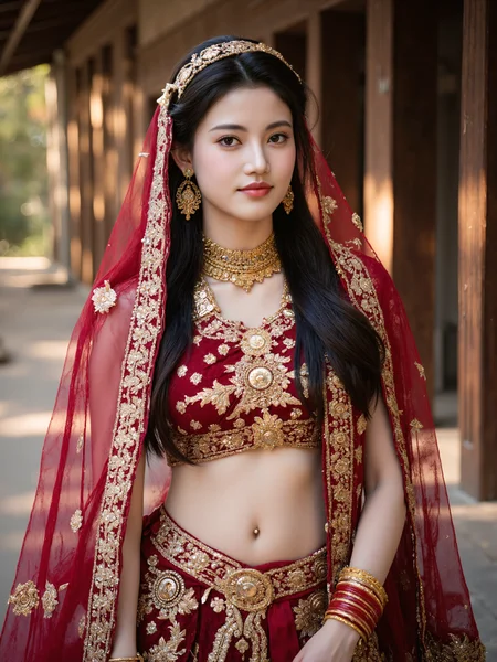 This is a high-resolution photograph of an Asian woman dressed in an elaborate, traditional Indian bridal outfit. She is standing outdoors against a blurred background of a wooden structure, possibly a temple or palace, with warm, natural lighting casting soft shadows. The woman has a fair complexion and long, straight black hair adorned with a detailed, gold headpiece. Her attire is a rich, deep red with intricate gold embroidery and embellishments, including a heavily decorated veil that drapes over her shoulders and a matching choli (blouse) with a navel cutout, revealing a toned midriff. She wears multiple gold necklaces, bracelets, and anklets, adding to her opulent look. Her makeup is subtle, highlighting her natural beauty, and she has a calm, composed expression. The composition follows the rule of thirds, with the woman positioned slightly off-center, drawing the viewer's eye to her elaborate attire and serene face. The photograph captures a moment of grace and cultural richness, emphasizing the beauty of traditional Indian bridal fashion.