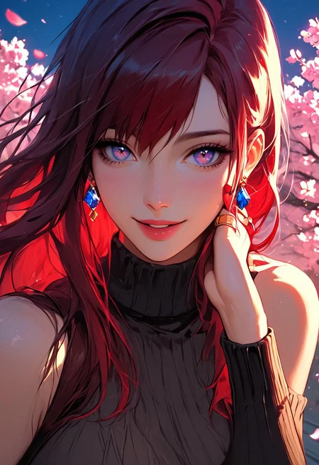 score_9, score_8_up, score_7_up, source_anime,
erzascarlet, <lora:erza-scarlet-ponyxl-lora-nochekaiser:1>
seductive, cherry trees,  background, red petals, big breasts, black turtleneck sweaters, blue diamond earrings, 4k frame, ultra realistic detailed, golden rings,outdoor, evening, red sea, blue night, purple lights, white lights flowers, red intense aura, high contrast, close up, face 4k, wind, hand on cheek,  face view, high angle, portrait, smiling, beutiful eyes, seductive looking at viewer