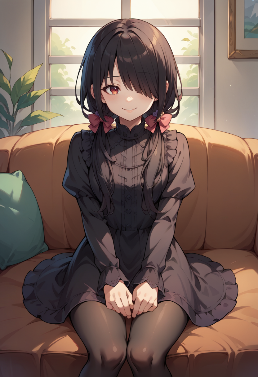 score_9, score_8_up, score_7_up, source_anime, KurumiBlack, hair over one eye, black hair, low twintails, hair bow, black dress, long sleeves, black pantyhose, sitting, indoors, couch, smile, <lora:CHAR-TokisakiKurumiPonyXL:1>