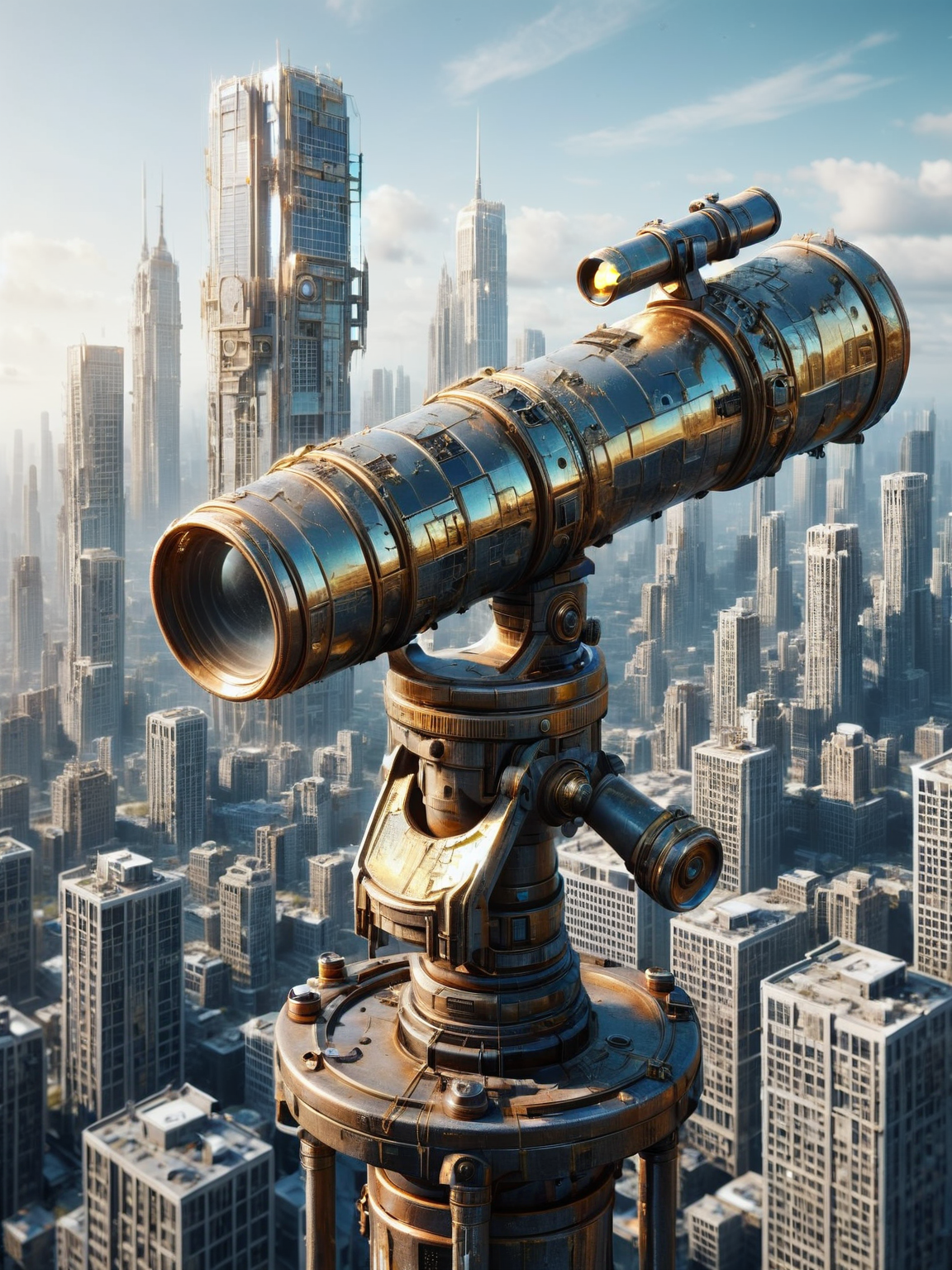 ais-olde telescope perched atop a gleaming skyscraper, its brass lens reflecting the neon-drenched cityscape below <lora:Old_Style_SDXL:1>