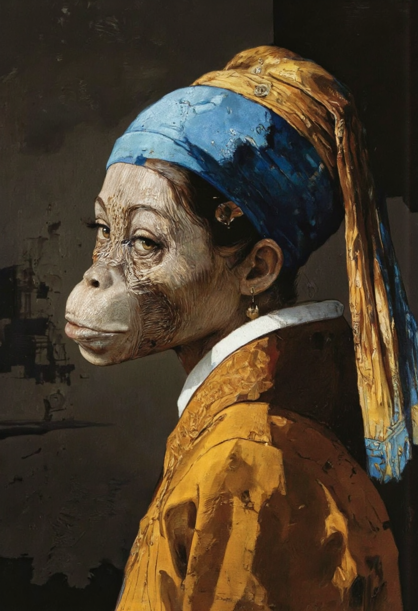 ZooPolis art. A photo-realistic portrait of an anthropomorphic orangutan wearing a blue and yellow headscarf and a yellow dress, captured from a portrait camera angle. the image also shows a serious expression and a slight smile on its face. on the middle of the image, a 20 years old female, who appear to be an adult male, is facing the viewer, looking directly at the camera with a neutral expression. she has a slim body and is wearing a pair of earrings. her hair is styled in a long hair style and she has brown eyes that are looking straight at the viewer. her facial features are detailed and her expression is neutral. she is wearing an ornate yellow dress with a white collar and a blue head scarf. the background is a dark, textured dark background, which contrasts with the bright and dramatic lighting that highlights her features.