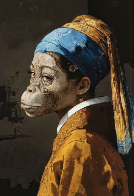 ZooPolis art. A photo-realistic portrait of an anthropomorphic orangutan wearing a blue and yellow headscarf and a yellow dress, captured from a portrait camera angle. the image also shows a serious expression and a slight smile on its face. on the middle of the image, a 20 years old female, who appear to be an adult male, is facing the viewer, looking directly at the camera with a neutral expression. she has a slim body and is wearing a pair of earrings. her hair is styled in a long hair style and she has brown eyes that are looking straight at the viewer. her facial features are detailed and her expression is neutral. she is wearing an ornate yellow dress with a white collar and a blue head scarf. the background is a dark, textured dark background, which contrasts with the bright and dramatic lighting that highlights her features.