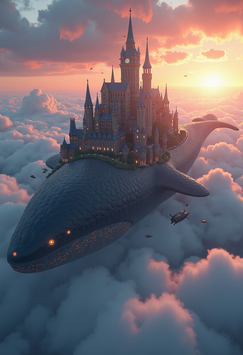 High above the clouds, a sprawling city sits on the back of a massive, floating whale. The whale’s skin glows faintly, rippling with the bioluminescence of a thousand tiny creatures living on its surface. The city itself is a marvel of engineering, with tall spires, bridges, and intricate towers that extend across the whale’s vast back. Airships and flying creatures dart between the buildings, and the people below live in harmony with the whale, tending to gardens that float in the sky and collecting water from the misty clouds. The whale glides gracefully through the air, its slow, rhythmic movements casting a peaceful calm over the city, while above, the sun sets, painting the clouds with hues of pink, gold, and purple.