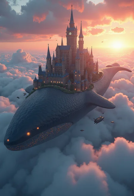 High above the clouds, a sprawling city sits on the back of a massive, floating whale. The whale’s skin glows faintly, rippling with the bioluminescence of a thousand tiny creatures living on its surface. The city itself is a marvel of engineering, with tall spires, bridges, and intricate towers that extend across the whale’s vast back. Airships and flying creatures dart between the buildings, and the people below live in harmony with the whale, tending to gardens that float in the sky and collecting water from the misty clouds. The whale glides gracefully through the air, its slow, rhythmic movements casting a peaceful calm over the city, while above, the sun sets, painting the clouds with hues of pink, gold, and purple.